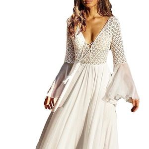 Bsubseach White Chiffon Bell Sleeve Beach Long Dresses